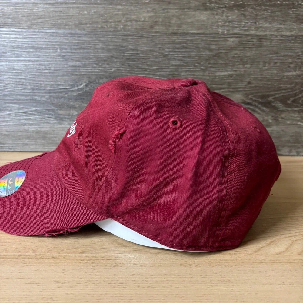 Daddy Hat Cap Strap Back Womens Red Maroon Distressed Adjustable